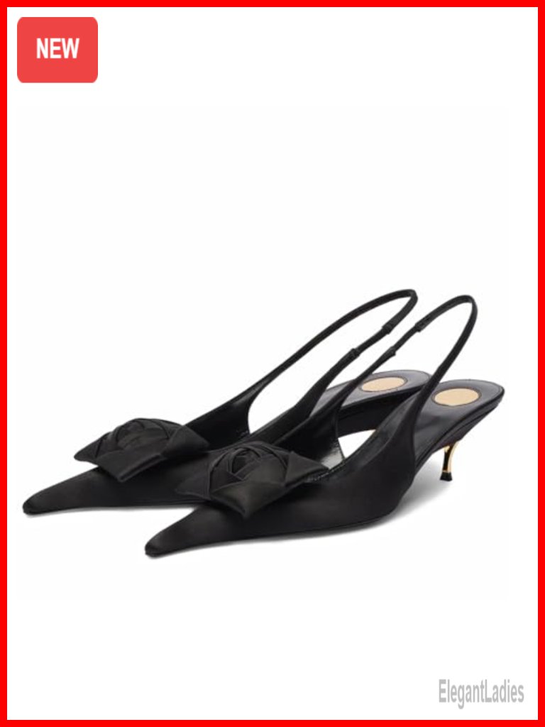 Kitten Heel Slingbacks Satin Pointed Toe Low Heel Pumps Ankle Strap Backless